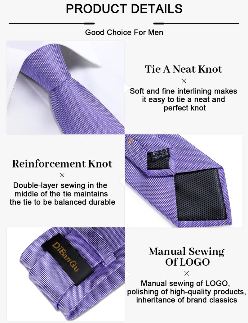 DiBanGu Mens Silk Necktie Solid Color Tie and Pocket Square Cufflink Tie Clip Set Woven Plain Ties for Men Wedding Party, Lavender Purple - Image 5